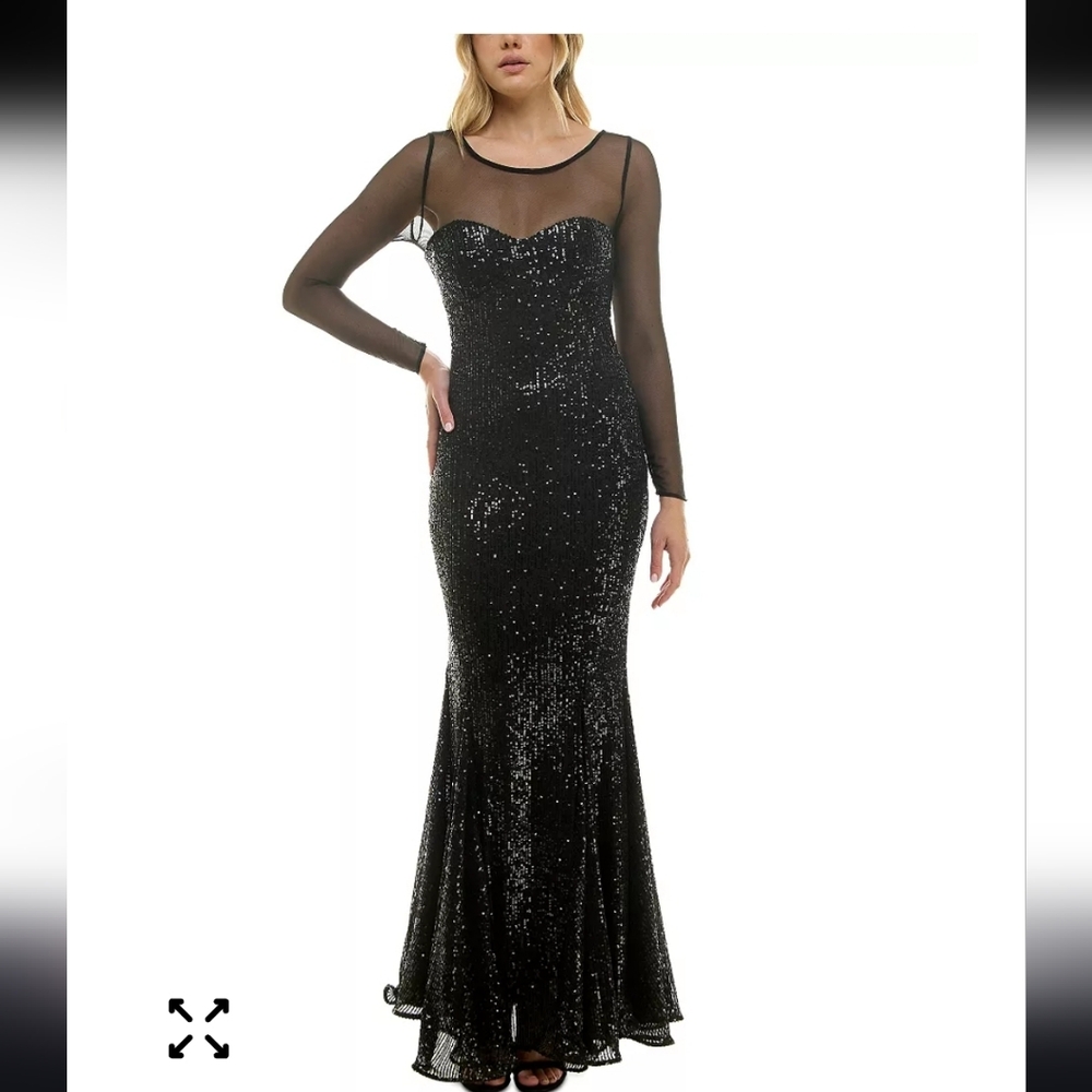 Taylor Black Sequin Long Sleeve Illusion Gown